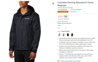 Columbia Pouring Adventure™ II Jacket Waterdichte Regenjas voor €36,71 bij Amazon NL