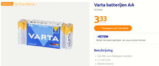16 Varta batterijen AA of AAA voor €3,33 bij de Action