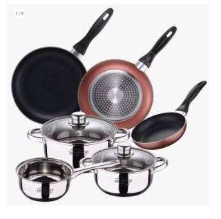 Bateria San Ignacio de 5pcs acero inoxidable: cazo Ø16x7,5 Cacerolas de Ø18x8,5 y Ø20x9,5 cms., inducción + Set 3 sartenes Ø16/20/24 cm, aluminio prensado por 25.39€