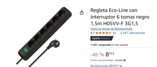 Regleta Eco-Line con interruptor 6 tomas 1,5m por 8,53€