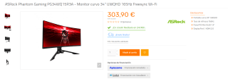 ASRock Phantom Gaming PG34WQ15R3A Monitor curvo 34" UWQHD 165Hz por 303,90€