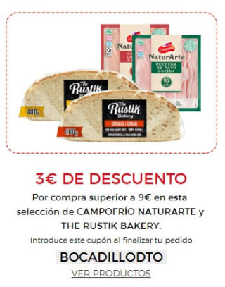 3€ descuento Por compra superior a 9€ en esta selección de Campofrio Naturate  y The Rustik Bakery