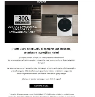 Hasta 300€ de regalo al comprar una secadora o lavadora o lavavajillas Haier