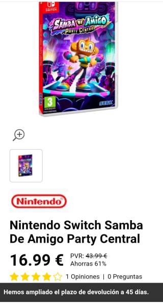 Samba de Amigo Party Central Nintendo Switch por 16,99€.
