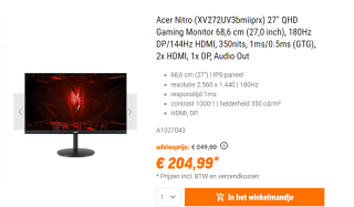 Acer Nitro XV2 (XV272UV3bmiiprx) monitor voor €204,99 bij Nbb