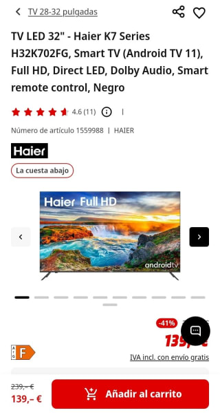 TV Led 32" Haier K7 Series por 139€.