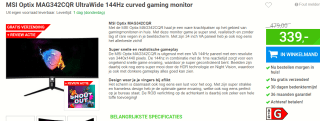 MSI Optix MAG342CQR - QHD Curved Ultrawide Gaming Monitor - 144Hz - 34 Inch voor €339 bij Megekko
