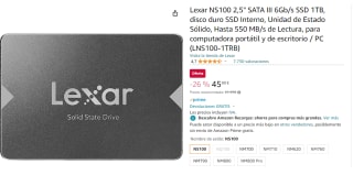 Disco duro interno SSD 2,5" SATA III 1TB Lexar por 45.99€