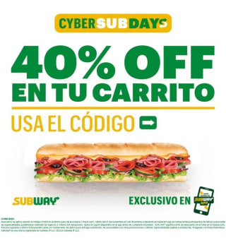 Cupón Subway: 40% de descuento en $200