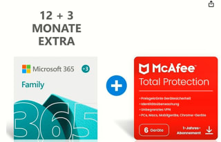 Microsoft 365 Family (15maanden) + McAfee abonnement (12mmaanden) voor 6 apparaten voor €53,99 bij Amazon
