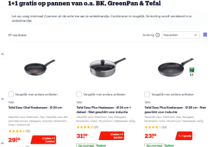 1+1 gratis op pannen van bv BK, DeBuyer, GreenPan & Tefal bij Bol