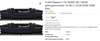 G.Skill Ripjaws V F4-3600C18D-16GVK geheugenmodule 16 GB 2 x 8 GB DDR4 3600 MHz voor €34,99 bij Amazon.nl