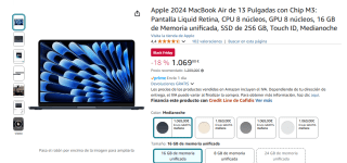 Apple MacBook Air 13 (2024) M3, 16GB, 256GB SSD, 13,6", MacOS por 999€
