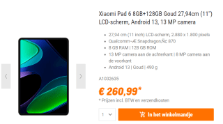 Xiaomi Pad 6, 8GB ram, 128GB opslag Champagne voor €260,99 bij Nbb