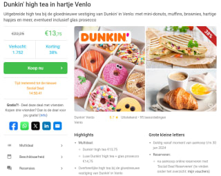Dunkin' high tea voor €13,75 in Venlo, Hoorn en Bataviastad Lelystad via Social Deal