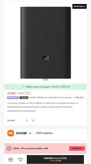 Xiaomi 10000mAh Mi Power Bank 3 Ultra Compact por 12,99€