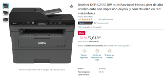 Impresora Brother DCP-L2551DW por $3,618 en Amazon