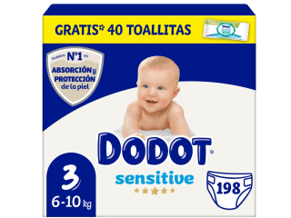 198 Pañales Dodot Pañales Bebé Sensitive Talla 3 6-10 kg y Pack de 40 Toallitas por 40€