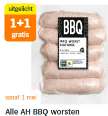 1+1 gratis op alle AH BBQ worsten