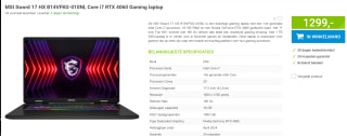 MSI Sword 17 HX B14VFKG-010NL Core i7 RTX 4060 Gaming laptop voor €1299 bij Megekko