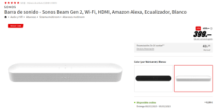 Sonos Beam Gen 2 - Barra de sonido Wi-Fi, HDMI, Amazon Alexa, Ecualizador por 399€