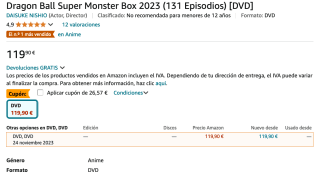 Dragon Ball Super Monster Box 2023. Dvd (30 Dvd) por solo 93,33€