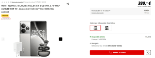 Realme GT 6T 5G de 8GB/256GB + Buds Air 6 + SUPERVOOC 120W por 389,99€ con newsletter