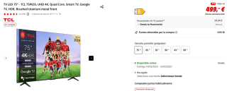 TV LED 75" TCL 75P655, UHD 4K, Quad Core, Smart TV por 445,45€