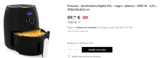 Freidora de aire - Princess Aerofryer Digital XXL de 4.5L, Aire caliente, Saludable por 59.99€