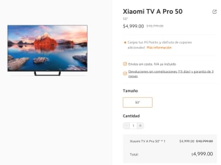 Xiaomi TV A Pro 50" por $4,999 en Xiaomi Shop