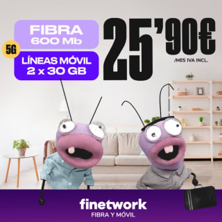 Fibra 600 MB simétrica + dos líneas 30GB + llamadas ilimitadas por 25,90€/mes