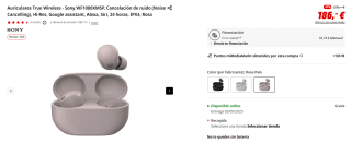 Auriculares True Wireless Sony WF1000XM5P, Cancelación de ruido por 186€
