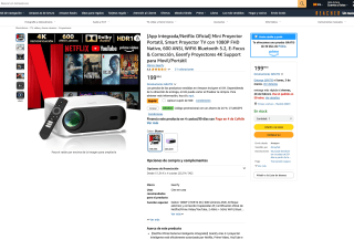 Smart Proyector TV con 1080P FHD Nativo 600 ANSI WiFi6 Bluetooth 5.2 por solo 119,99€