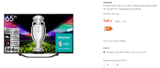 TV Mini LED 65" Hisense 65U7KQ UHD 4K, Smart TV, Inteligencia Artificial por 749€