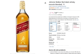 Johnnie Walker Red label whisky escocés blended, 1 l por 14,96€