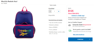 Mochila Reebok por $125 en Coppel