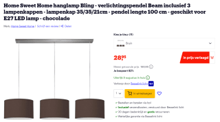 Home Sweet Home hanglamp Beam 3L, chocolade Lampenkap, 35cm voor €28,95 bij Bol.com