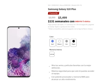 Samsung Galaxy S20 Plus 128GB por $5,499 en Elektra