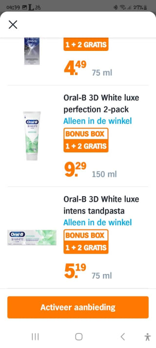 Alle Oral-B Tandpasta 1+2 gratis bij de AH