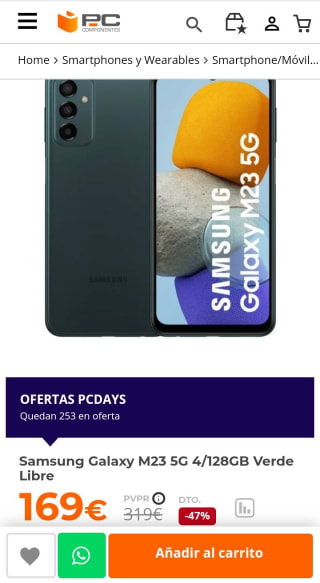 Samsung Galaxy M23 5G 4/128GB Verde Libre por 169€.