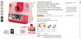 Appareil Photo Enfant Instantanée 1080p avec Papier d'impression & Carte TF 32 Go à 17,71€