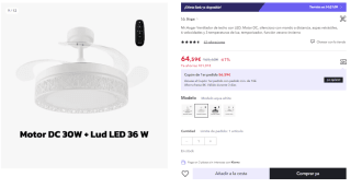 Ventilador de techo con LED, Motor DC, silencioso con mando a distancia, aspas retráctiles, 6 velocidades y 3 temperaturas de luz, temporizador, función verano-invierno por 52.59€