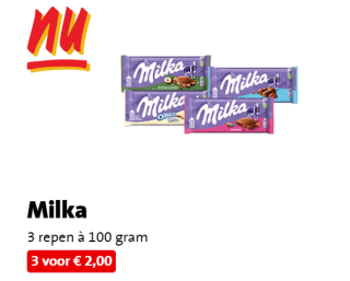 Milka 3 repen à 100 gram voor €2 bij de Jumbo
