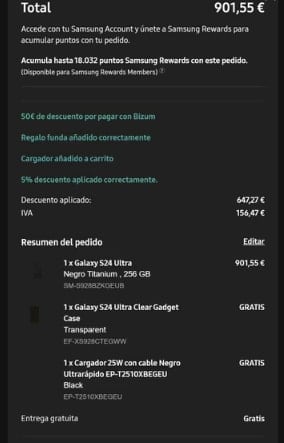 Samsung S24 Ultra de 12GB/256GB + Funda + Cargador por 901,55€