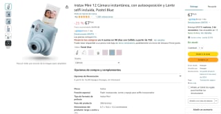 Cámara instantánea - Fujifilm Instax Mini 12, 62× 46 mm, Flash, azul por 67,76