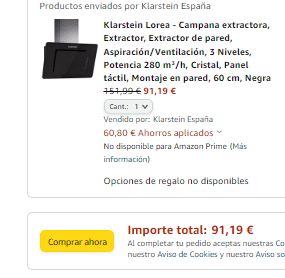 Campana extractora Klarstein Lorea 60cm por 91,19€