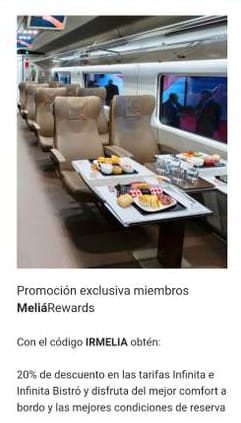 Descuento 20% en las tarifas Infinita e Infinita Bistró en Iryo