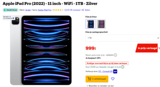 Apple iPad Pro (2022) 11" Wi-Fi 1TB Zilver voor €999 bij Bol.