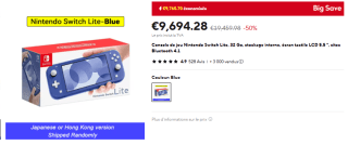 Console Nintendo Switch Lite - avec adaptateur européen à 9.694,98€