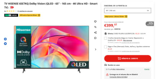 TV HISENSE 65E7KQ Dolby Vision QLED - 65'' - 165 cm - 4K Ultra HD por 399,97€